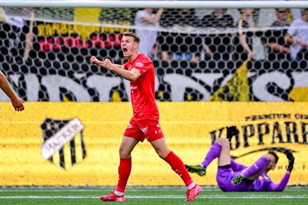 GOTHENBURG, SWEDEN 20250807 Brann s Emil Kornvig celebrates 0-1 during Thursday s Uefa Europa League third qualifying round soccer match between Sweden s BK Häcken and Norway s SK Brann, match 1 of 2 at Bravida Arena in Gothenburg, Sweden, August 7, 2025. GÖTEBORG SWEDEN x9200x