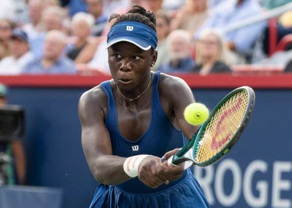August 7, 2025, Montreal, Pq, Canada: Victoria Mboko of Canada hits a return to Naomi Osaka of Japan during finals tennis action at the National Bank Open in Montreal on Thursday, Aug. 7, 2025. Canada News - August 7, 2025  - ZUMAc35_ 20250807_zaf_c35_117 Copyright: xChristinnexMuschix
