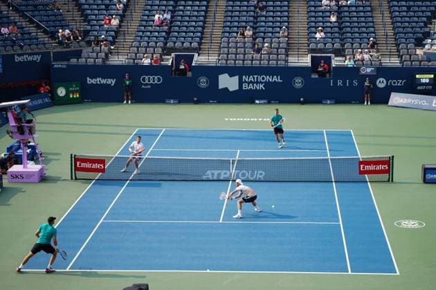 ATP, Tennis Herren Masters 1000 National Bank Open Toronto Presented by Rogers 2025 - Final Julian Cash and Lloyd Glasspool of Great Britain against Joe Salisbury and Neal Skupski of Great Britain during the Men s Doubles Final match of the ATP Masters 1000 National Bank Open at Sobeys Stadium. on August 7, 2025 in Toronto, Canada. (Photo by Leonardo Ramirez Eyepix Group) Copyright: xLeonardoxRamirezx xEyepixxGroupx LR-06082025-06647
