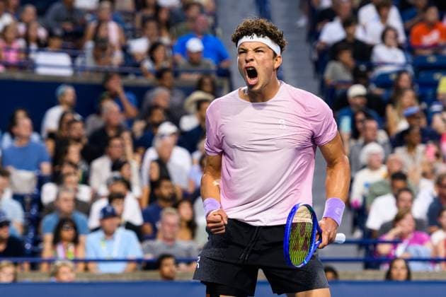 August 7, 2025, Toronto, Ontario, Canada: BEN SHELTON of the US celebrates a point against Karen Khachanov during the final at the National Bank Open Presented by Rogers at Sobeys Stadium. Toronto Canada - ZUMAr228 20250807_znp_r228_002 Copyright: xVasiliyxRyabykhx