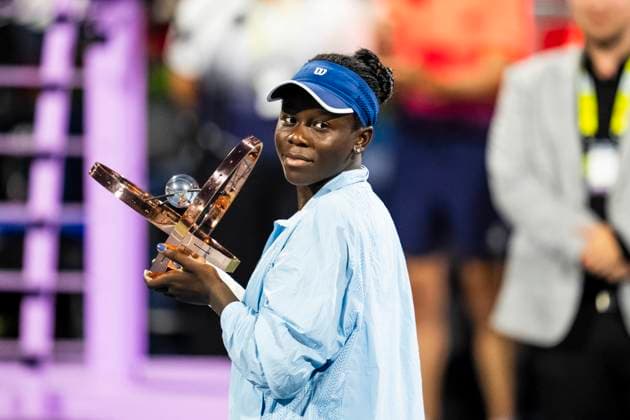 August 7, 2025, Montreal, Pq, CANADA: Victoria Mboko of Canada celebrates her win over Naomi Osaka of Japan following finals tennis action at the National Bank Open in Montreal on Thursday, August 7, 2025. Canada News - August 7, 2025  - ZUMAc35_ 20250807_zaf_c35_159 Copyright: xChristopherxKatsarovx