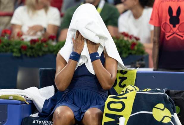 August 7, 2025, Montreal, Pq, Canada: Naomi Osaka of Japan sits on her bench during her game against Victoria Mboko of Canada during finals tennis action at the National Bank Open in Montreal, Thursday, Aug. 7, 2025. Canada News - August 7, 2025  - ZUMAc35_ 20250807_zaf_c35_214 Copyright: xChristinnexMuschix