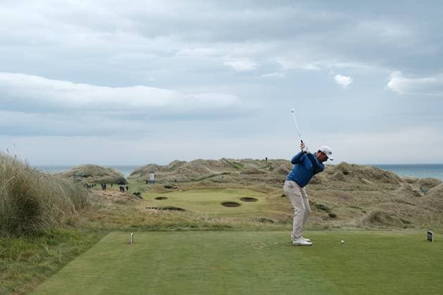 UK: Nexo Championship, Old Course at Trump International Golf Links, Aberdeen, Scotland on 08 August 2025: Pictured: Jeremy Freiburghaus (Switzerland) on the 13th tee during the second round of the Nexo Championship 2025 at Trump International Golf Links, Aberdeenshire, Scotland Aberdeen Trump International Golf Links Scotland Copyright: xAlexxToddx
