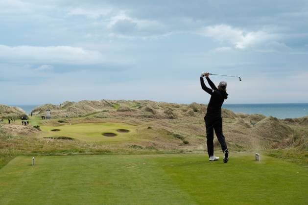 UK: Nexo Championship, Old Course at Trump International Golf Links, Aberdeen, Scotland on 08 August 2025: Pictured: Christofer Blomstrand (Sweden) on the 13th tee during the second round of the Nexo Championship 2025 at Trump International Golf Links, Aberdeenshire, Scotland Aberdeen Trump International Golf Links Scotland Copyright: xAlexxToddx