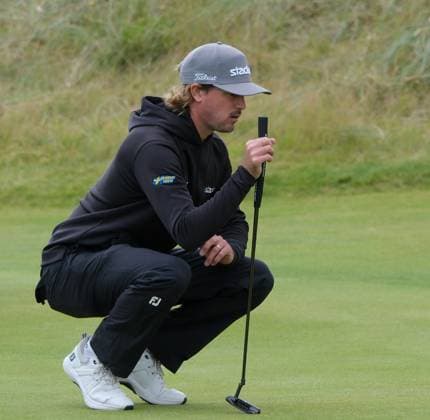 UK: Nexo Championship, Old Course at Trump International Golf Links, Aberdeen, Scotland on 08 August 2025: Pictured: Christofer Blomstrand (Sweden) on the 12th green during the second round of the Nexo Championship 2025 at Trump International Golf Links, Aberdeenshire, Scotland Aberdeen Trump International Golf Links Scotland Copyright: xAlexxToddx