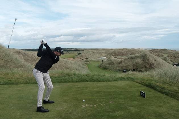 UK: Nexo Championship, Old Course at Trump International Golf Links, Aberdeen, Scotland on 08 August 2025: Pictured: Matthew Southgate (England) on the 11th tee during the second round of the Nexo Championship 2025 at Trump International Golf Links, Aberdeenshire, Scotland Aberdeen Trump International Golf Links Scotland Copyright: xAlexxToddx