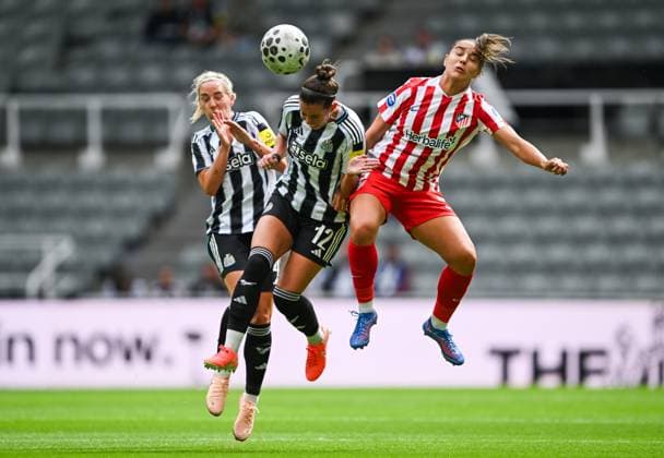 Jordan Nobbs and Deanna Cooper of Newcastle United Women challenge Sheila Guijarro of Athletico Madrid Women Newcastle United Women v Atletico Madrid Women, Pre Season Friendly, Football, St James Park, Newcastle, UK - 09 Aug 2025Newcastle St James Park United Kingdom EDITORIAL USE ONLY No use with unauthorised audio, video, data, fixture lists, club league logos or live services. Online in-match use limited to 120 images, no video emulation. No use in betting, games or single club league player publications. Copyright: xGreigxCowie Shutterstockx 15433744j