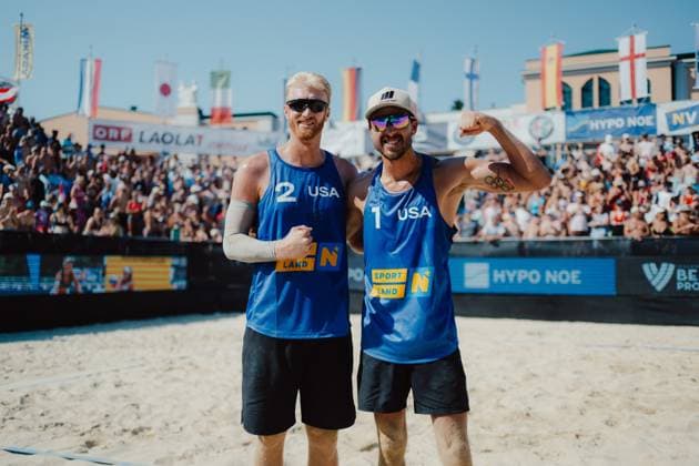 Beach volleyball, Beachvolleyball - Baden Challenge BADEN,AUSTRIA,09.AUG.25 - BEACH VOLLEYBALL - FIVB World Tour - Baden Challenge. Image shows the rejoicing of Chase Budinger (USA) Miles Evans (USA).  GEPAxpictures xAlexanderxSolc