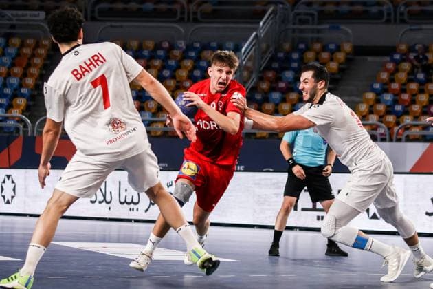 August 9, 2025, Cairo, Cairo, Egypt: DARLING SORENSEN The Denmark Player and TEBER MAHDI The Tunisia Player During IHF Men s World Championship, WM, Weltmeisterschaft u19 Match Between Denmark and Tunisia At Cairo Stadium Main Hall Cairo Egypt - ZUMAe138 20250809_zsp_e138_008 Copyright: xBassemxElziatyx