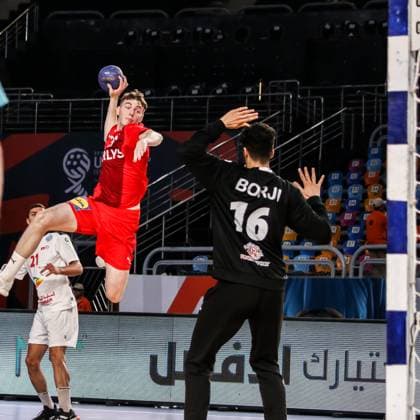 August 9, 2025, Cairo, Cairo, Egypt: JORGENSEN MADS The Denmark Player and TEBER MAHDI The Tunisia Player During IHF Men s World Championship, WM, Weltmeisterschaft u19 Match Between Denmark and Tunisia At Cairo Stadium Main Hall Cairo Egypt - ZUMAe138 20250809_zsp_e138_013 Copyright: xBassemxElziatyx