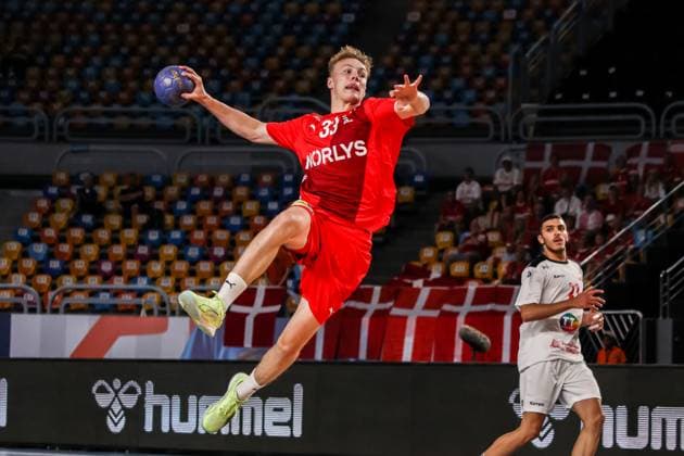 August 9, 2025, Cairo, Cairo, Egypt: JENSEN ALEXANDER The Denmark Player and TEBER MAHDI The Tunisia Player During IHF Men s World Championship, WM, Weltmeisterschaft u19 Match Between Denmark and Tunisia At Cairo Stadium Main Hall Cairo Egypt - ZUMAe138 20250809_zsp_e138_014 Copyright: xBassemxElziatyx