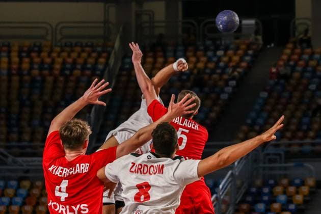 August 9, 2025, Cairo, Cairo, Egypt: KJARGAARD KASPER And DALAGER JACOP The Denmark Players and ZARDOUM MOHAMMED The Tunisia Player During IHF Men s World Championship, WM, Weltmeisterschaft u19 Match Between Denmark and Tunisia At Cairo Stadium Main Hall Cairo Egypt - ZUMAe138 20250809_zsp_e138_017 Copyright: xBassemxElziatyx
