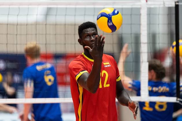250809 Jean Pascal Diedhiou of Spain ahead of Eurovolley Qualifier match between Sweden and Spain on August 9, 2025 in Habo. Photo: Robert Boman BILDBYRAN kod XZ XZ0216 volleyboll volleyball landslaget sverige spanien national team, Nationalteam bbeng em-kval em kval herrlandslaget Copyright: ROBERTxBOMAN BB250809BB524