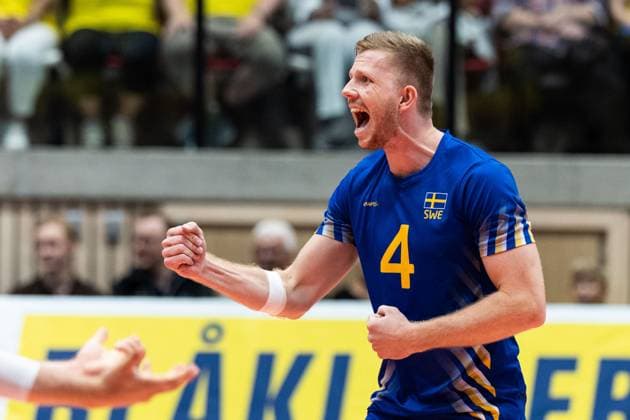 250809 Alfred Brink of Sweden celebrates during Eurovolley Qualifier match between Sweden and Spain on August 9, 2025 in Habo. Photo: Robert Boman BILDBYRAN kod XZ XZ0216 volleyboll volleyball landslaget sverige spanien national team, Nationalteam bbeng em-kval em kval herrlandslaget jubel Copyright: ROBERTxBOMAN BB250809BB559