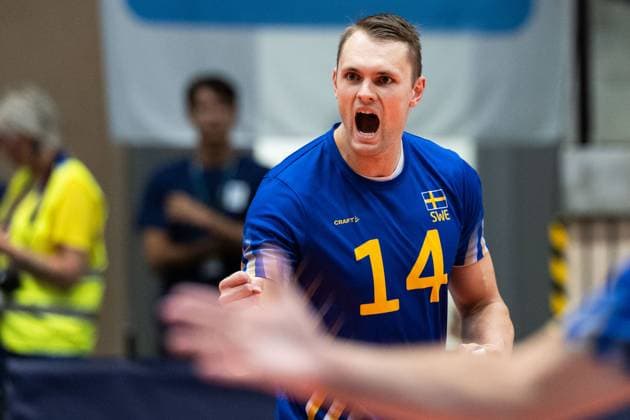 250809 Jacob Link of Sweden celebrates during Eurovolley Qualifier match between Sweden and Spain on August 9, 2025 in Habo. Photo: Robert Boman BILDBYRAN kod XZ XZ0216 volleyboll volleyball landslaget sverige spanien national team, Nationalteam bbeng em-kval em kval herrlandslaget jubel Copyright: ROBERTxBOMAN BB250809BB561