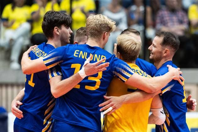 250809 Players of Sweden celebrate during Eurovolley Qualifier match between Sweden and Spain on August 9, 2025 in Habo. Photo: Robert Boman BILDBYRAN kod XZ XZ0216 volleyboll volleyball landslaget sverige spanien national team, Nationalteam bbeng em-kval em kval herrlandslaget jubel Copyright: ROBERTxBOMAN BB250809BB566