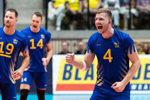 250809 Alfred Brink of Sweden celebrates during Eurovolley Qualifier match between Sweden and Spain on August 9, 2025 in Habo. Photo: Robert Boman BILDBYRAN kod XZ XZ0216 volleyboll volleyball landslaget sverige spanien national team, Nationalteam bbeng em-kval em kval herrlandslaget jubel Copyright: ROBERTxBOMAN BB250809BB567
