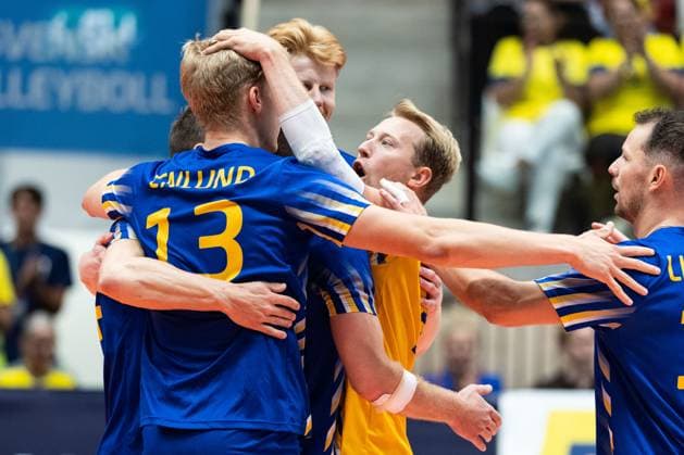 250809 Axel Enlund of Sweden celebrates during Eurovolley Qualifier match between Sweden and Spain on August 9, 2025 in Habo. Photo: Robert Boman BILDBYRAN kod XZ XZ0216 volleyboll volleyball landslaget sverige spanien national team, Nationalteam bbeng em-kval em kval herrlandslaget jubel Copyright: ROBERTxBOMAN BB250809BB571