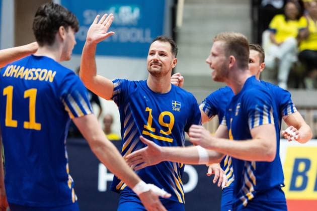 250809 Viktor Lindberg of Sweden celebrates during Eurovolley Qualifier match between Sweden and Spain on August 9, 2025 in Habo. Photo: Robert Boman BILDBYRAN kod XZ XZ0216 volleyboll volleyball landslaget sverige spanien national team, Nationalteam bbeng em-kval em kval herrlandslaget jubel Copyright: ROBERTxBOMAN BB250809BB572