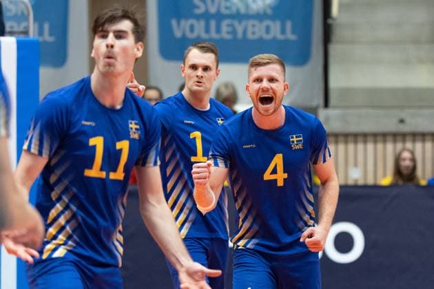 250809 Alfred Brink of Sweden celebrates during Eurovolley Qualifier match between Sweden and Spain on August 9, 2025 in Habo. Photo: Robert Boman BILDBYRAN kod XZ XZ0216 volleyboll volleyball landslaget sverige spanien national team, Nationalteam bbeng em-kval em kval herrlandslaget jubel Copyright: ROBERTxBOMAN BB250809BB573