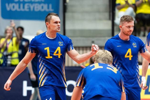 250809 Jacob Link of Sweden celebrates during Eurovolley Qualifier match between Sweden and Spain on August 9, 2025 in Habo. Photo: Robert Boman BILDBYRAN kod XZ XZ0216 volleyboll volleyball landslaget sverige spanien national team, Nationalteam bbeng em-kval em kval herrlandslaget jubel Copyright: ROBERTxBOMAN BB250809BB574