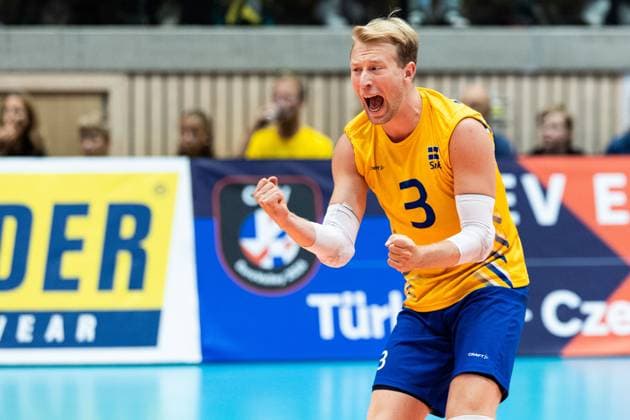 250809 Joel Andersson of Sweden celebrates during Eurovolley Qualifier match between Sweden and Spain on August 9, 2025 in Habo. Photo: Robert Boman BILDBYRAN kod XZ XZ0216 volleyboll volleyball landslaget sverige spanien national team, Nationalteam bbeng em-kval em kval herrlandslaget jubel Copyright: ROBERTxBOMAN BB250809BB576
