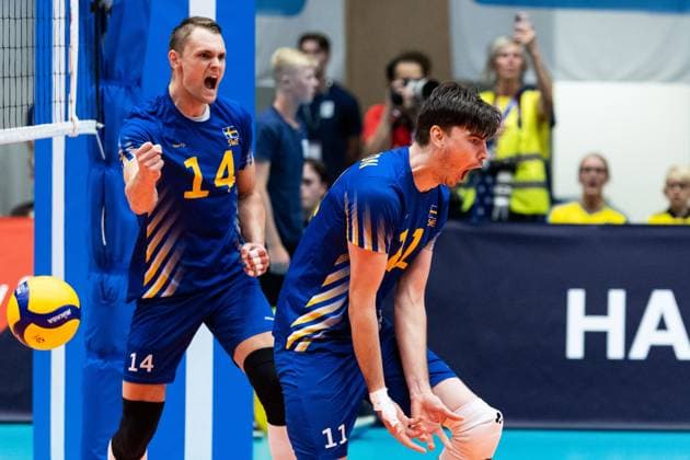 250809 Patrik Johansson of Sweden celebrates during Eurovolley Qualifier match between Sweden and Spain on August 9, 2025 in Habo. Photo: Robert Boman BILDBYRAN kod XZ XZ0216 volleyboll volleyball landslaget sverige spanien national team, Nationalteam bbeng em-kval em kval herrlandslaget jubel Copyright: ROBERTxBOMAN BB250809BB577