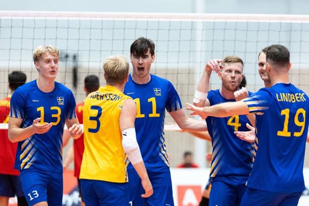 250809 Axel Enlund, Patrik Johansson, Alfred Brink and Viktor Lindberg of Sweden celebrate during Eurovolley Qualifier match between Sweden and Spain on August 9, 2025 in Habo. Photo: Robert Boman BILDBYRAN kod XZ XZ0216 volleyboll volleyball landslaget sverige spanien national team, Nationalteam bbeng em-kval em kval herrlandslaget jubel Copyright: ROBERTxBOMAN BB250809BB643