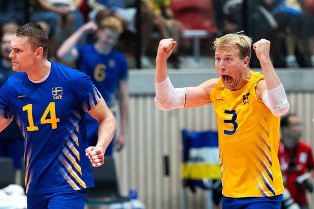 250809 Joel Andersson of Sweden celebrates during Eurovolley Qualifier match between Sweden and Spain on August 9, 2025 in Habo. Photo: Robert Boman BILDBYRAN kod XZ XZ0216 volleyboll volleyball landslaget sverige spanien national team, Nationalteam bbeng em-kval em kval herrlandslaget jubel Copyright: ROBERTxBOMAN BB250809BB644