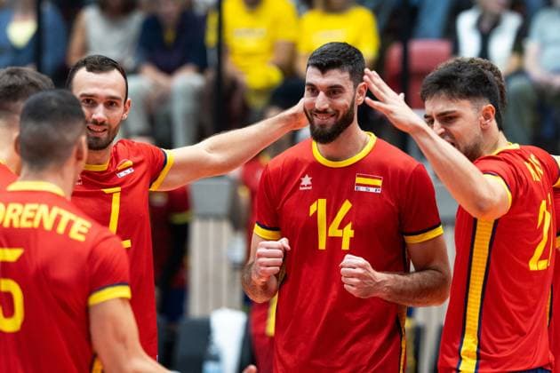 250809 Miguel Angel Fornes of Spain celebrates during Eurovolley Qualifier match between Sweden and Spain on August 9, 2025 in Habo. Photo: Robert Boman BILDBYRAN kod XZ XZ0216 volleyboll volleyball landslaget sverige spanien national team, Nationalteam bbeng em-kval em kval herrlandslaget jubel Copyright: ROBERTxBOMAN BB250809BB648