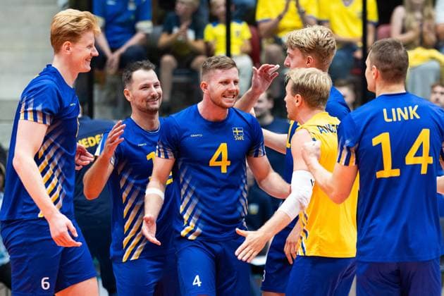 250809 Alfred Brink of Sweden celebrates during Eurovolley Qualifier match between Sweden and Spain on August 9, 2025 in Habo. Photo: Robert Boman BILDBYRAN kod XZ XZ0216 volleyboll volleyball landslaget sverige spanien national team, Nationalteam bbeng em-kval em kval herrlandslaget jubel Copyright: ROBERTxBOMAN BB250809BB652