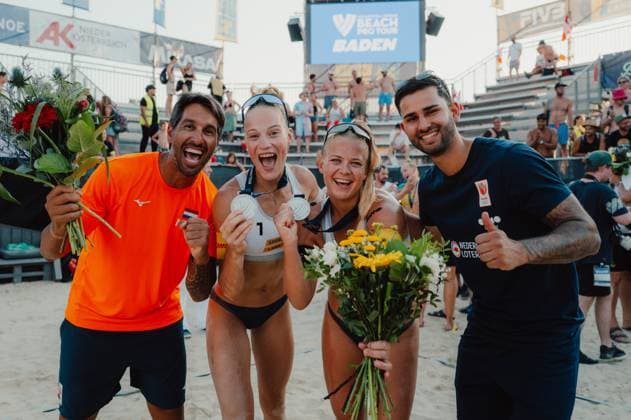 Beach volleyball, Beachvolleyball - Baden Challenge BADEN,AUSTRIA,09.AUG.25 - BEACH VOLLEYBALL - FIVB World Tour - Baden Challenge. Image shows the rejoicing of Mila Konink (NED) and Raisa Schoon (NED).  GEPAxpictures xAlexanderxSolc