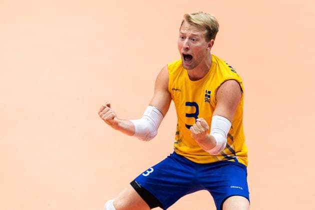 250809 Joel Andersson of Sweden celebrates during Eurovolley Qualifier match between Sweden and Spain on August 9, 2025 in Habo. Photo: Robert Boman BILDBYRAN kod XZ XZ0216 volleyboll volleyball landslaget sverige spanien national team, Nationalteam bbeng em-kval em kval herrlandslaget jubel Copyright: ROBERTxBOMAN BB250809BB687