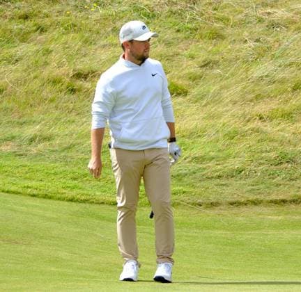 UK: Nexo Championship, Old Course at Trump International Golf Links, Aberdeen, Scotland on 09 August 2025: Pictured: Alex Fitzpatrick (England) on the 9th fairway during the third round of the Nexo Championship 2025 at Trump International Golf Links, Aberdeenshire, Scotland Aberdeen Trump International Golf Links Scotland Copyright: xAlexxToddx