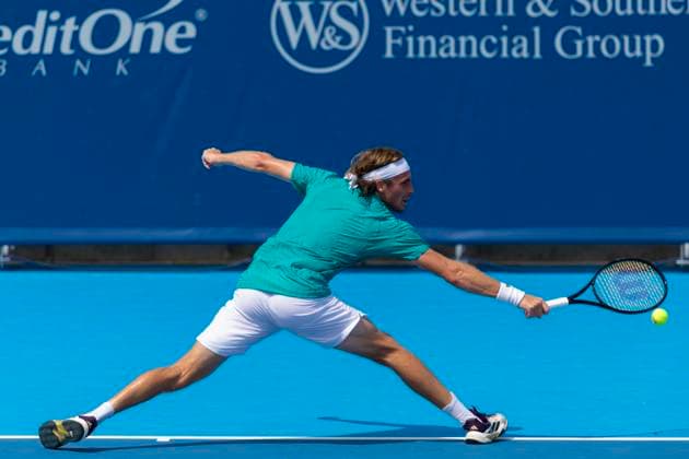August 9, 2025, Mason, Ohio, USA: Mason, Ohio; Cincinnati Open Tennis Tournament - 2025 08 09 -Stefanos Tsitsipas plays a ball against opponent Fabian Marozsan. - ZUMAPress Mason USA - ZUMAn24_ 20250809_zaf_n24_118 Copyright: xWallyxNellx