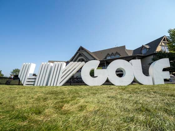 BOLINGBROOK, IL - AUGUST 09: The LIV GOLF logo is pictured in front of the Bolingbrook Golf Club clubhouse before day two of LIV Golf Chicago on Saturday, August 09, 2025 at Bolingbrook Golf Club in Bolingbrook, IL. (Photo by Joseph Weiser Icon Sportswire) GOLF: AUG 09 LIV Golf Chicago EDITORIAL USE ONLY Icon250809002