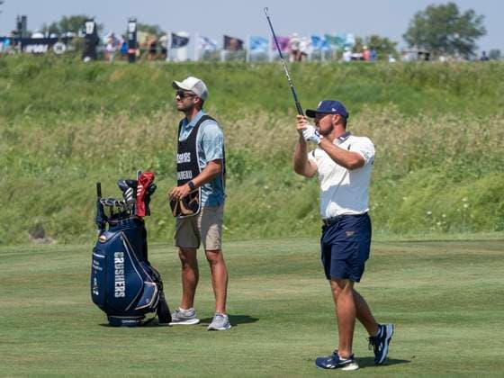BOLINGBROOK, IL - AUGUST 09: Bryson DeChambeau hits the ball during day two of LIV Golf Chicago on Saturday, August 09, 2025 at Bolingbrook Golf Club in Bolingbrook, IL. (Photo by Joseph Weiser Icon Sportswire) GOLF: AUG 09 LIV Golf Chicago EDITORIAL USE ONLY Icon250809012