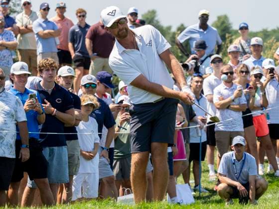 BOLINGBROOK, IL - AUGUST 09: Andy Ogletree chips the ball out of the rough during day two of LIV Golf Chicago on Saturday, August 09, 2025 at Bolingbrook Golf Club in Bolingbrook, IL. (Photo by Joseph Weiser Icon Sportswire) GOLF: AUG 09 LIV Golf Chicago EDITORIAL USE ONLY Icon250809015