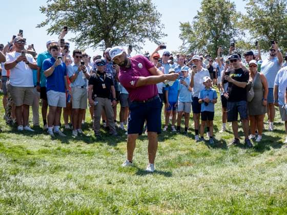 BOLINGBROOK, IL - AUGUST 09: Jon Rahm chips the ball out of the rough during day two of LIV Golf Chicago on Saturday, August 09, 2025 at Bolingbrook Golf Club in Bolingbrook, IL. (Photo by Joseph Weiser Icon Sportswire) GOLF: AUG 09 LIV Golf Chicago EDITORIAL USE ONLY Icon250809016