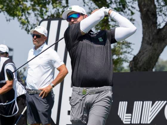 BOLINGBROOK, IL - AUGUST 09: Dean Burmester drives the ball during day two of LIV Golf Chicago on Saturday, August 09, 2025 at Bolingbrook Golf Club in Bolingbrook, IL. (Photo by Joseph Weiser Icon Sportswire) GOLF: AUG 09 LIV Golf Chicago EDITORIAL USE ONLY Icon250809023