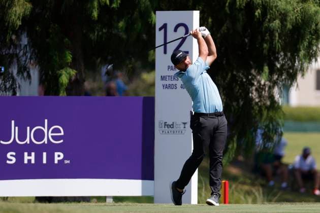 MEMPHIS, TN - AUGUST 09: Stephan Jaeger of Germany watches his tee shot from No. 12 during the third round of the FedEx St. Jude Championship, August 9, 2025, at TPC Southward in Memphis, Tennessee. (Photo by Matthew Maxey Icon Sportswire) GOLF: AUG 09 PGA, Golf Herren FedEx Cup Playoffs - FedEx St. Jude Championship EDITORIAL USE ONLY Icon250809004