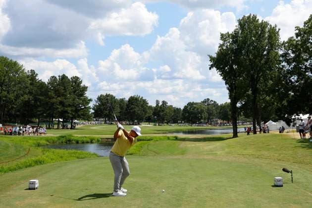 MEMPHIS, TN - AUGUST 09: Kurt Kitayama of the United States hits his tee shot on No. 12 during the third round of the FedEx St. Jude Championship, August 9, 2025, at TPC Southward in Memphis, Tennessee. (Photo by Matthew Maxey Icon Sportswire) GOLF: AUG 09 PGA, Golf Herren FedEx Cup Playoffs - FedEx St. Jude Championship EDITORIAL USE ONLY Icon250809055