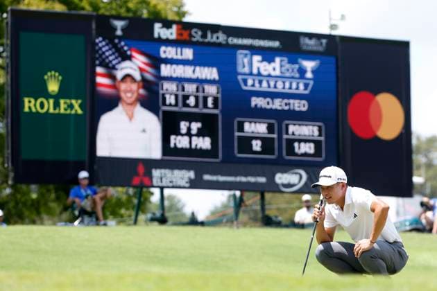 MEMPHIS, TN - AUGUST 09: Collin Morikawa of the United States on No. 8 during the third round of the FedEx St. Jude Championship, August 9, 2025, at TPC Southward in Memphis, Tennessee. (Photo by Matthew Maxey Icon Sportswire) GOLF: AUG 09 PGA, Golf Herren FedEx Cup Playoffs - FedEx St. Jude Championship EDITORIAL USE ONLY Icon250809042