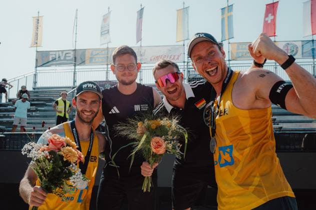 Beach volleyball, Beachvolleyball - Baden Challenge BADEN,AUSTRIA,10.AUG.25 - BEACH VOLLEYBALL - FIVB World Tour - Baden Challenge. Image shows the rejoicing of Clemens Wickler (GER) and Nils Ehlers (GER).  GEPAxpictures xAlexanderxSolc