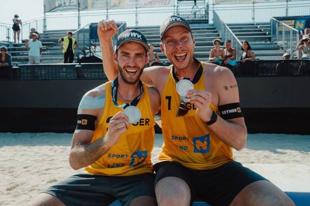 Beach volleyball, Beachvolleyball - Baden Challenge BADEN,AUSTRIA,10.AUG.25 - BEACH VOLLEYBALL - FIVB World Tour - Baden Challenge. Image shows the rejoicing of Clemens Wickler (GER) and Nils Ehlers (GER).  GEPAxpictures xAlexanderxSolc