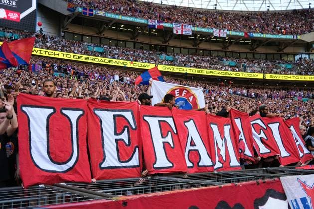 Crystal Palace v Liverpool 10 August 2025, London - Community Shield - Crystal Palace v Liverpool - Palace fans hold up a UEFA Mafia banner - Photo: Jacques Feeney Offside. London UK Copyright: xJacquesxFeeneyx xOffsidexOffside