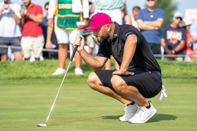 BOLINGBROOK, IL - AUGUST 10: Jon Rahm reads the green during the final round of LIV Golf Chicago on Sunday, August 10, 2025 at Bolingbrook Golf Club in Bolingbrook, IL (Photo by Ben Hsu Icon Sportswire) GOLF: AUG 10 LIV Golf Chicago EDITORIAL USE ONLY Icon224250810086
