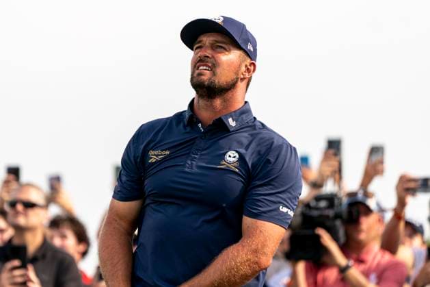 BOLINGBROOK, IL - AUGUST 10: Bryson DeChambeau watches the ball fly during the final round of LIV Golf Chicago on Sunday, August 10, 2025 at Bolingbrook Golf Club in Bolingbrook, IL (Photo by Ben Hsu Icon Sportswire) GOLF: AUG 10 LIV Golf Chicago EDITORIAL USE ONLY Icon224250810018