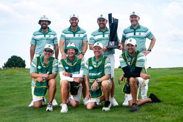 BOLINGBROOK, IL - AUGUST 10: Members of Stinger GC including Dean Burmester, Branden Grace, Charl Schwartzel, and Louis Oosthuizen pose with their caddies and the LIV Golf Team Championship trophy after the final round of LIV Golf Chicago on Sunday, August 10, 2025 at Bolingbrook Golf Club in Bolingbrook, IL (Photo by Ben Hsu Icon Sportswire) GOLF: AUG 10 LIV Golf Chicago EDITORIAL USE ONLY Icon224250810008