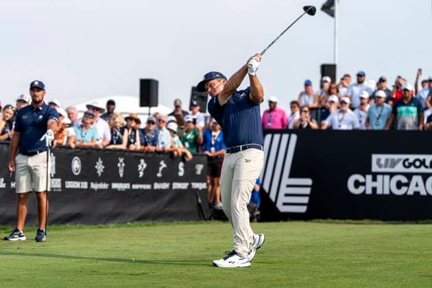 BOLINGBROOK, IL - AUGUST 10: Paul Casey tees off during the final round of LIV Golf Chicago on Sunday, August 10, 2025 at Bolingbrook Golf Club in Bolingbrook, IL (Photo by Ben Hsu Icon Sportswire) GOLF: AUG 10 LIV Golf Chicago EDITORIAL USE ONLY Icon224250810012